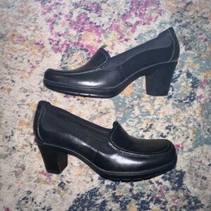 Clarks Black Leather Block Heel Loafers